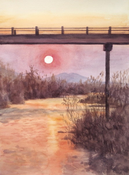 絵画「霧晴れて大山千枚田」 水彩画