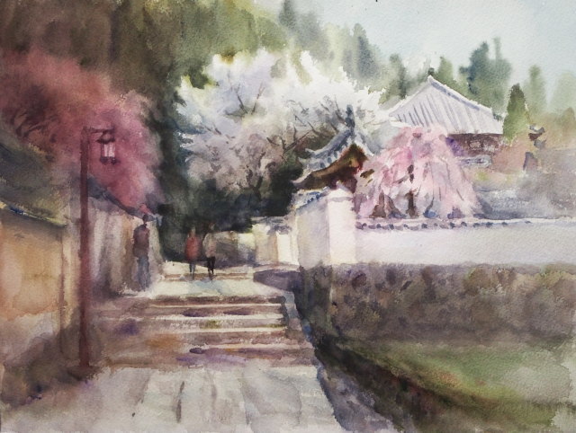 絵画「霧晴れて大山千枚田」　水彩画 絵画「霧晴れて大山千枚田」 水彩画